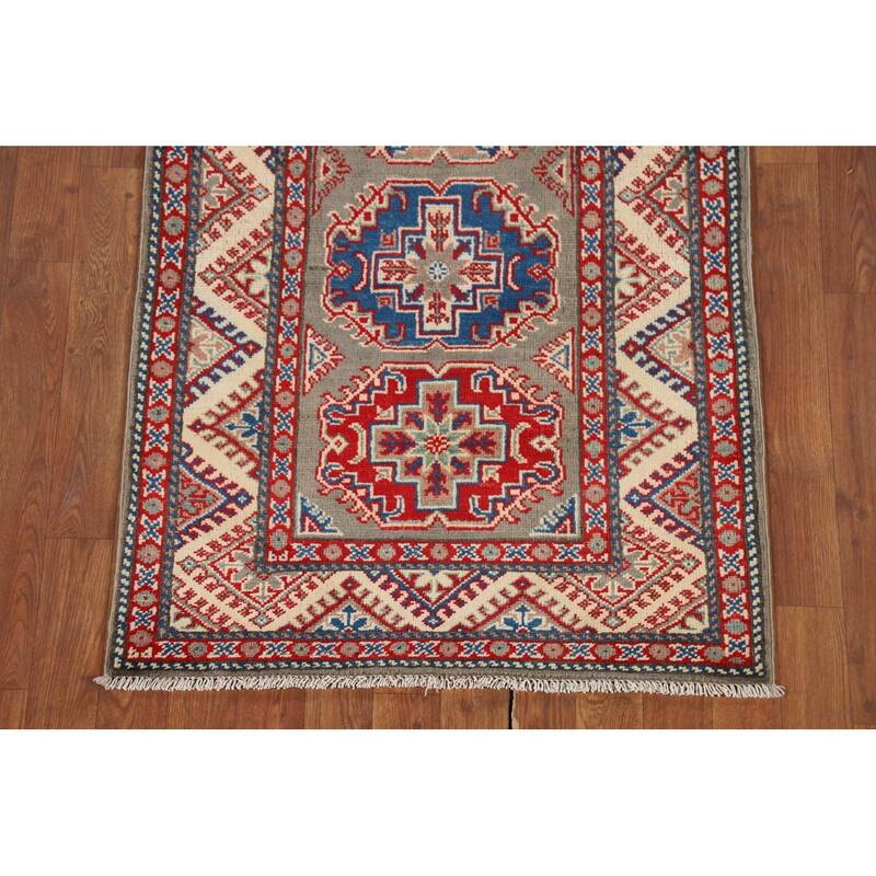 Geometric Brown Kazak Oriental Runner Rug Handmade Wool Carpet - 2'8" x 9'11"