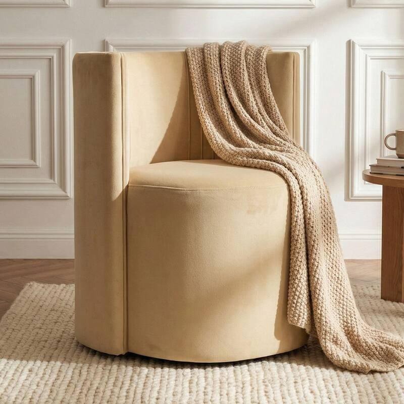 Velvet Swivel Dining Chairs with Rolling Casters, Upholstered Barrel Back Dining ArmChairs - Single - Camel-1-piece