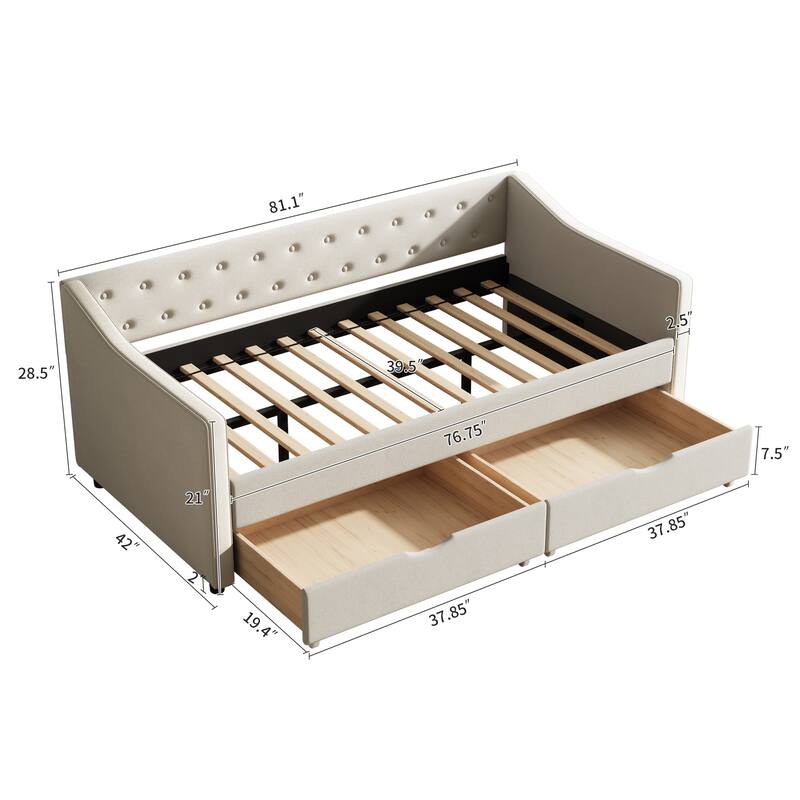 GDFStudio - Upholstered Tufted 81" Twin Size Sofa DayBed with Drawers and Button