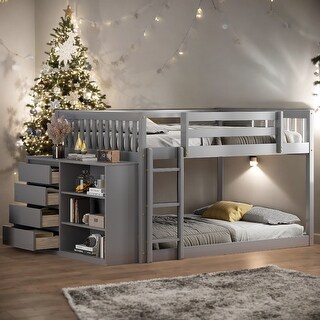 50"H Grey Full over Full Bunk Bed with 4 Drawers and 3 Shelves
