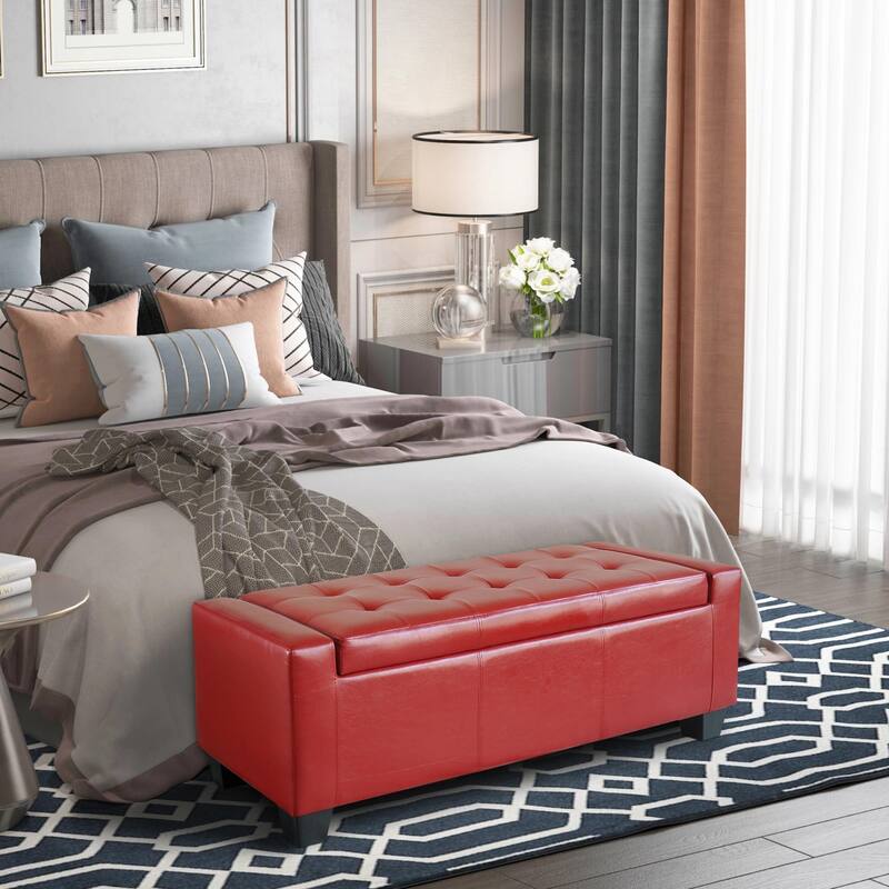 50.5" Faux Leather Rectangular Tufted Storage Ottoman - Red