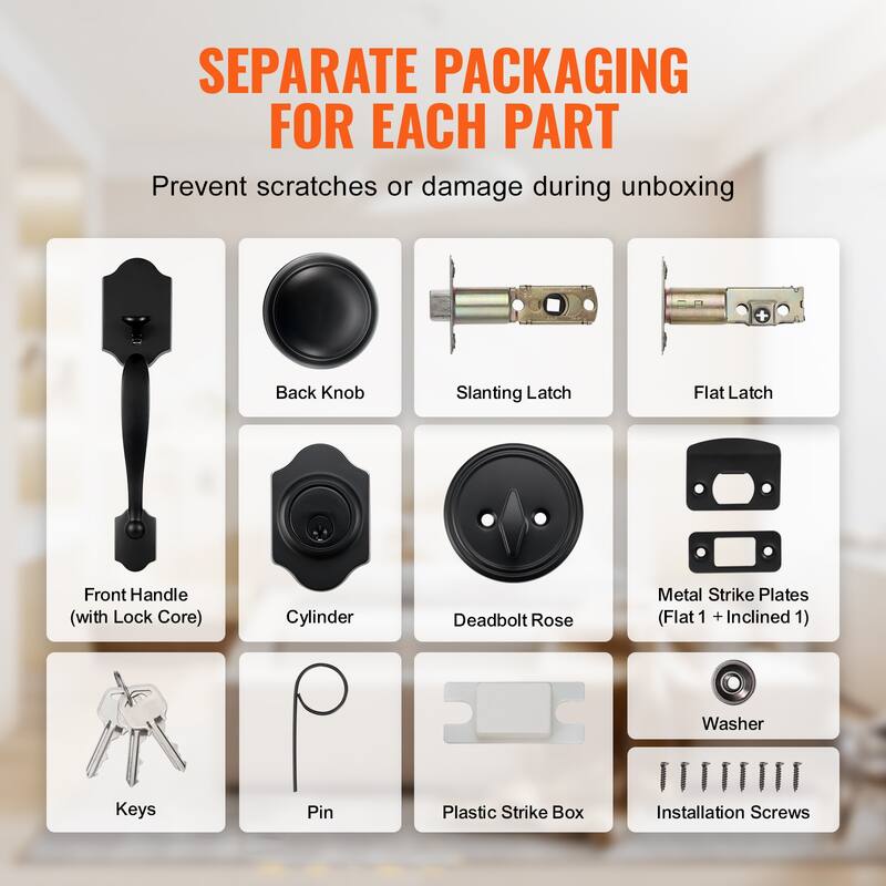 Front Door Handle and Deadbolt Set, Front Door Lock Set with Interior Knob, Adjustable Hole Spacing Single Cylinder Handleset