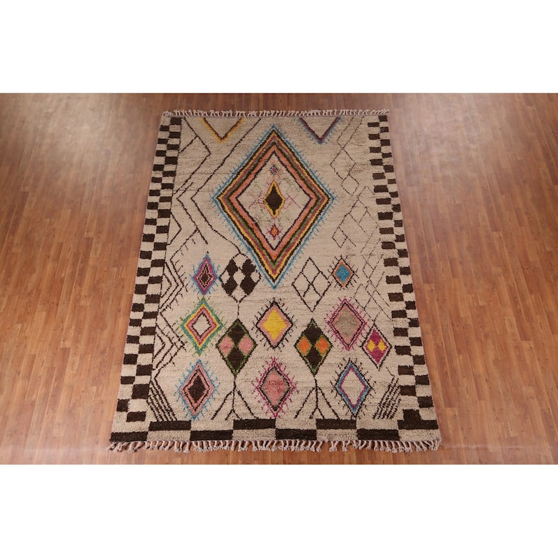 Hand Knotted Oriental 100% Wool Carpet Modern Tribal Beige & Ivories Moroccan Area Rug - 10' 3'' X 7' 6''