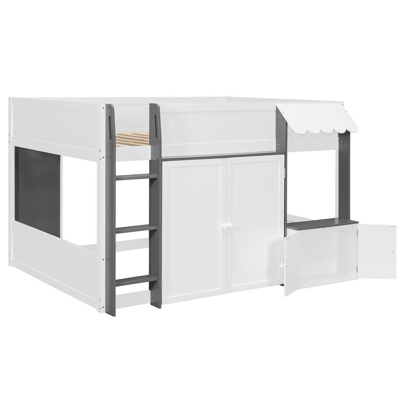 Full Loft House Bed with Playhouse & Storage, Modern Wood Cabin Bed for Kids