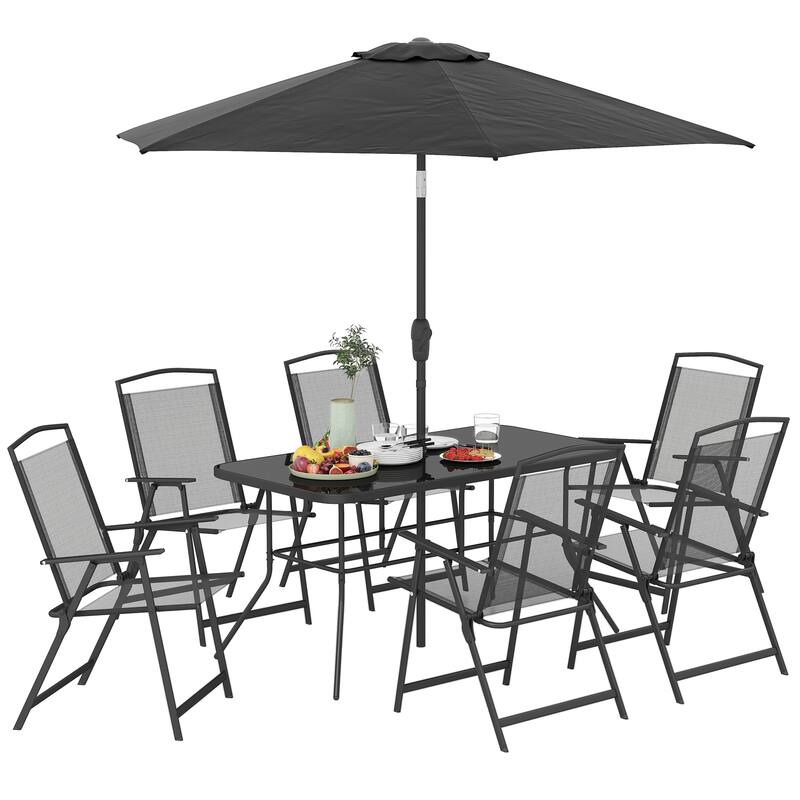 Outsunny 8 Piece Patio Dining Set with Table Umbrella, 6 Folding Chairs and Rectangle Dining Table