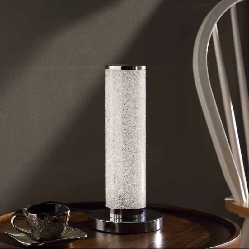 Black Metal LED Bedside Lamp with White Acrylic Drum Shade and Crystal Sand - 6” x 6” x 13” (D x W x H)