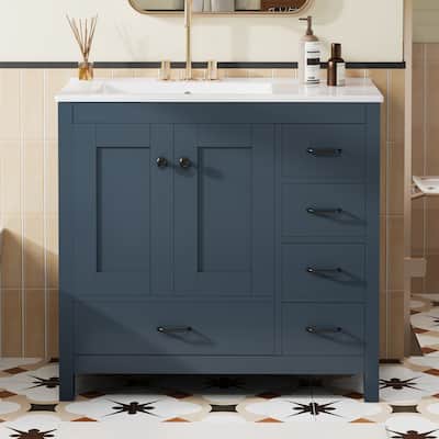 36" Blue Bathroom Vanity With Ceramic Sink Combo, Abundant Storage Cabinet -2 Soft Close Doors And 5 Drawers