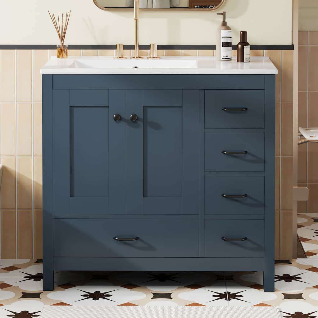 36" Blue Bathroom Vanity with Ceramic Sink Combo, Abundant Storage Cabinet -2 Soft close doors and 5 drawers