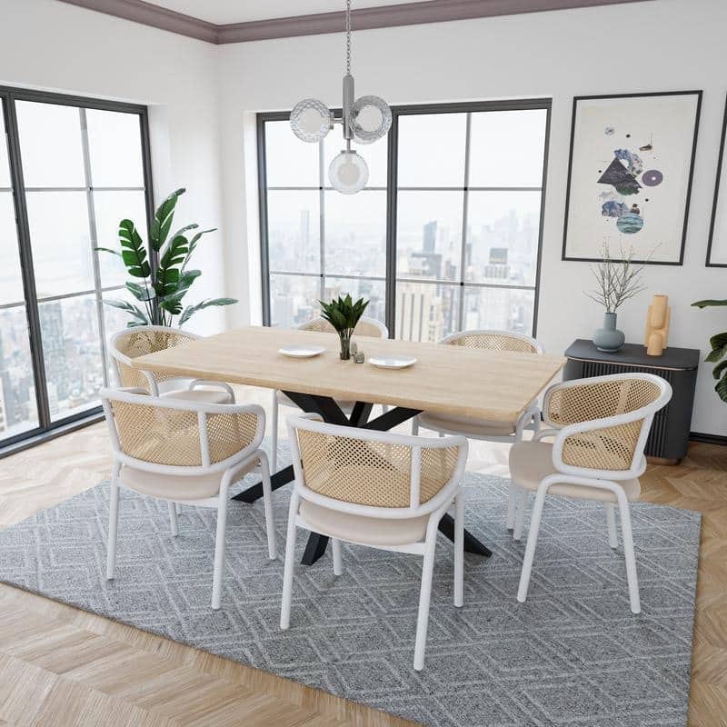 Ervilla Velvet Dining Side Chair with Rattan Back, White Steel Legs & Ergonomic Design for Kitchen, Dining Room or Living Space