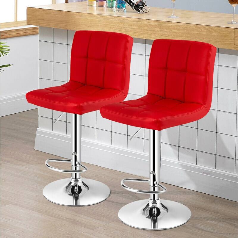 Set of 2 Adjustable Height Bar Stool with PU Leather Seat and Swivel Function for Kitchen or Pub - 17.5"L x 20"W x 37" - 45"H - Red