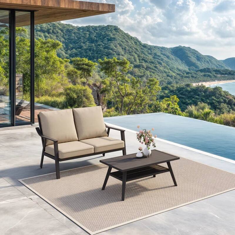 PURPLE LEAF Lorri Khaki Cushions Heavy-Duty Metal Frame Rattan Backrest for Patio Garden Patio Conversation Set Couch - Loveseat + Table(2-Piece)