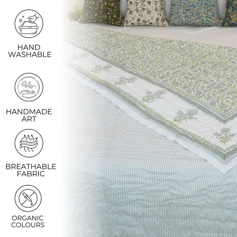 Fabdivine Vegetable Dyed Hand Block Print Cotton Quilt - Blue Green Floral, Eco-Friendly Artisan Bedding Reversible Bedspread