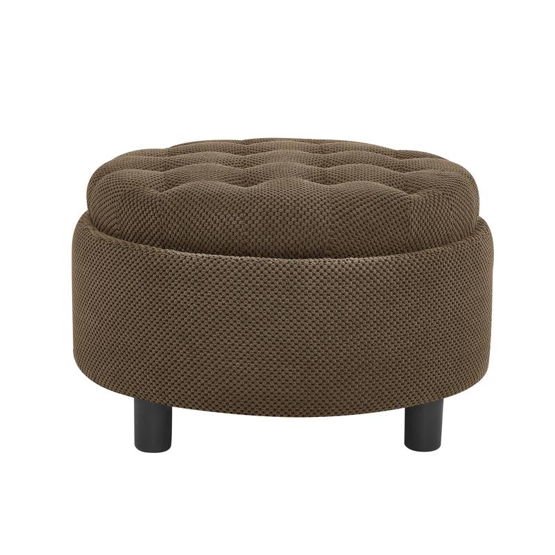 Round Storage Ottoman with Lift-Off Tray and Upholstered Fabric