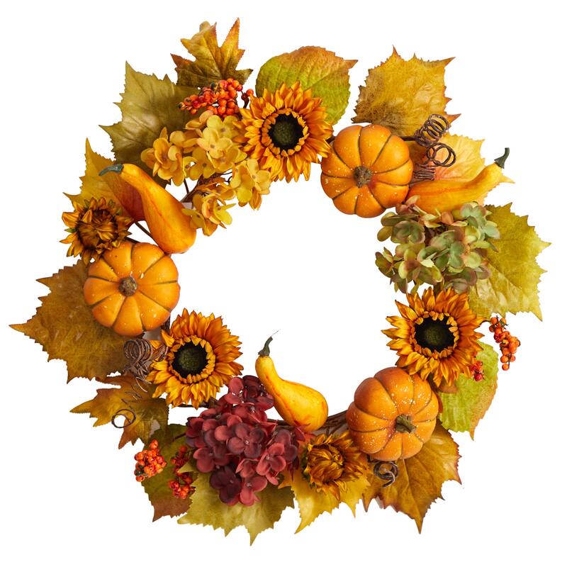 Sunflower with Hydrangea and Pumpkin Artificial Fall Harvest Wreath, 22-Inch