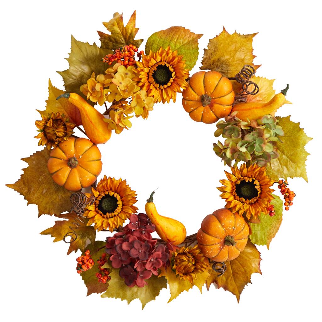 Sunflower with Hydrangea and Pumpkin Artificial Fall Harvest Wreath, 22-Inch