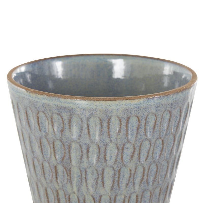 Ceramic Geometric Oval Patterned Indoor Outdoor Planter with Brown Accents and Base Tray - Set of 3 Blue - Roche River Decor