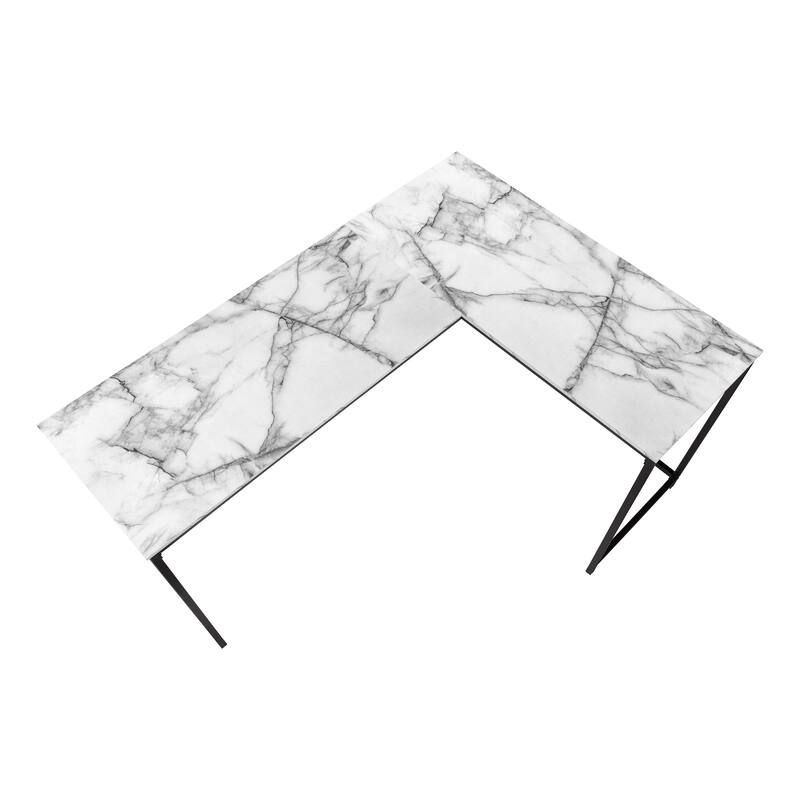 Computer Desk, Home Office, Corner, 58"l, L Shape, Work, Laptop, White Marble Look Laminate, Black Metal, Contemporary