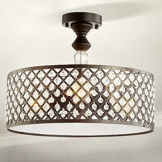 Ilsa 17" 3-Light Crystal/Metal Drum Semi-Flush Mount, Black by JONATHAN  Y