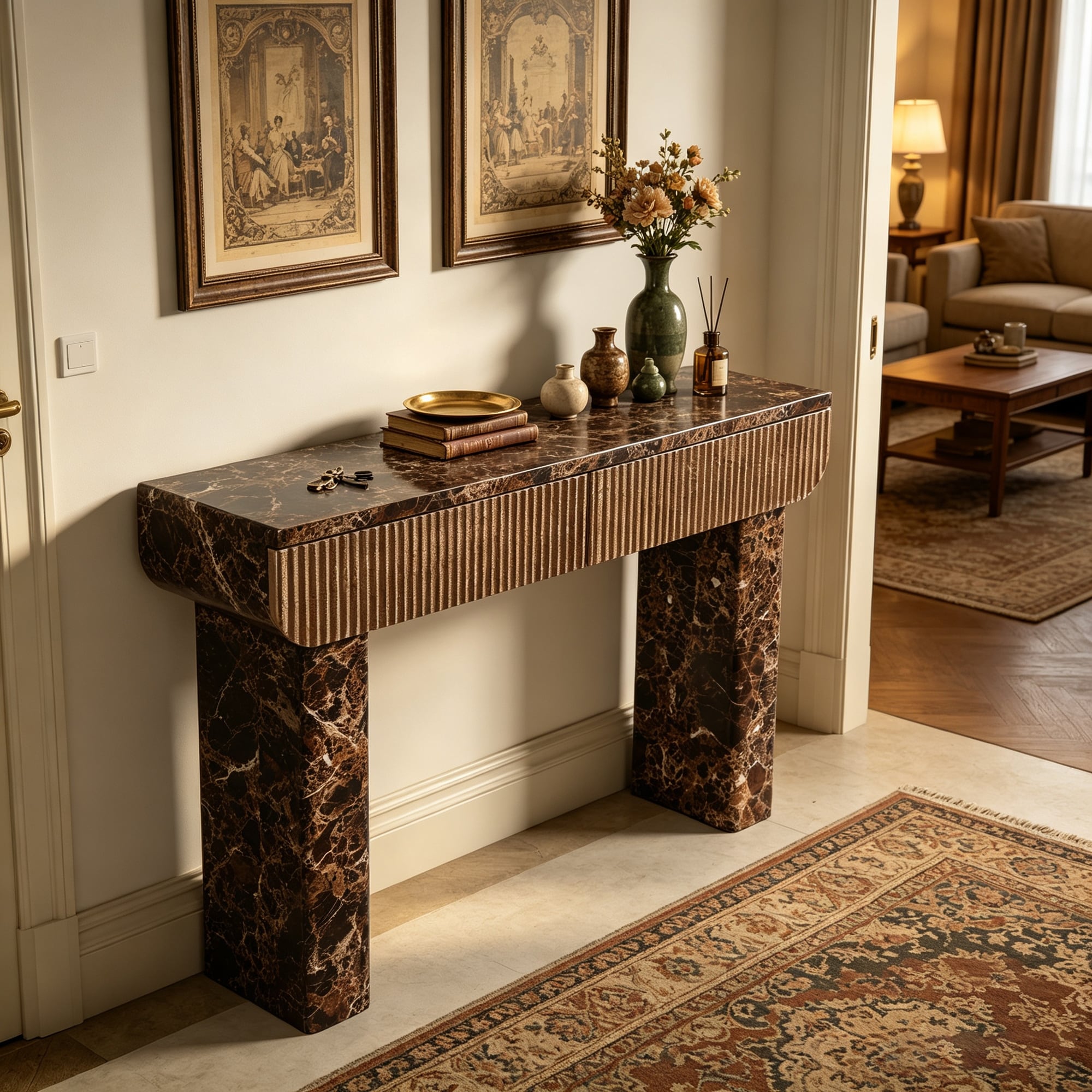 Entryway Table,Two Hidden Handle Drawers, Faux Travertine Modern ...