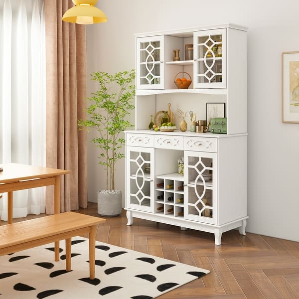 Glass Doors Home Office Storage Cabinet Kitchen Hutch White Lacquer ...