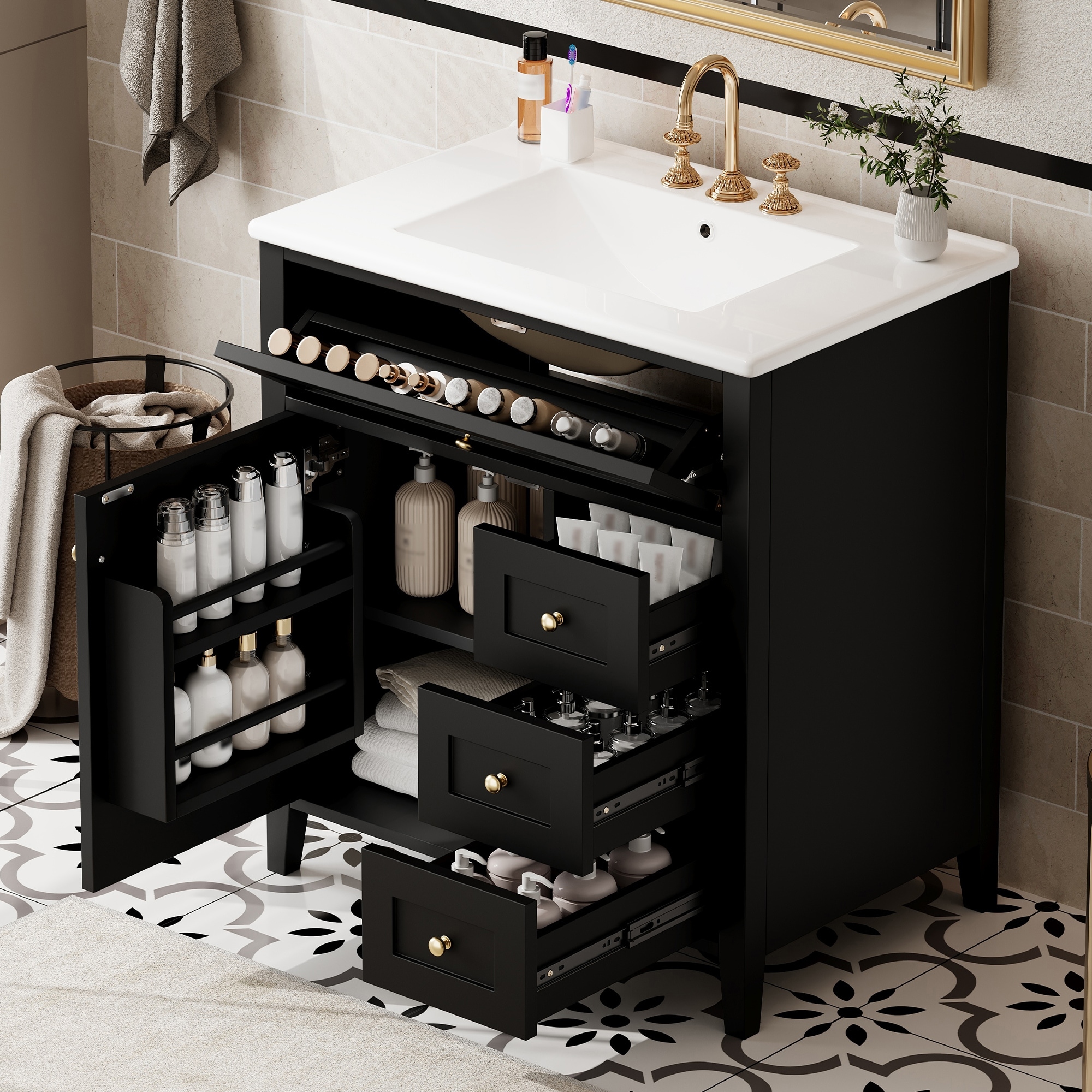 30-Inch Bathroom Vanity with Sink, Modern MDF and Rubberwood Cabinet with 3 Drawers and Adjustable Shelf, Freestanding Vanity