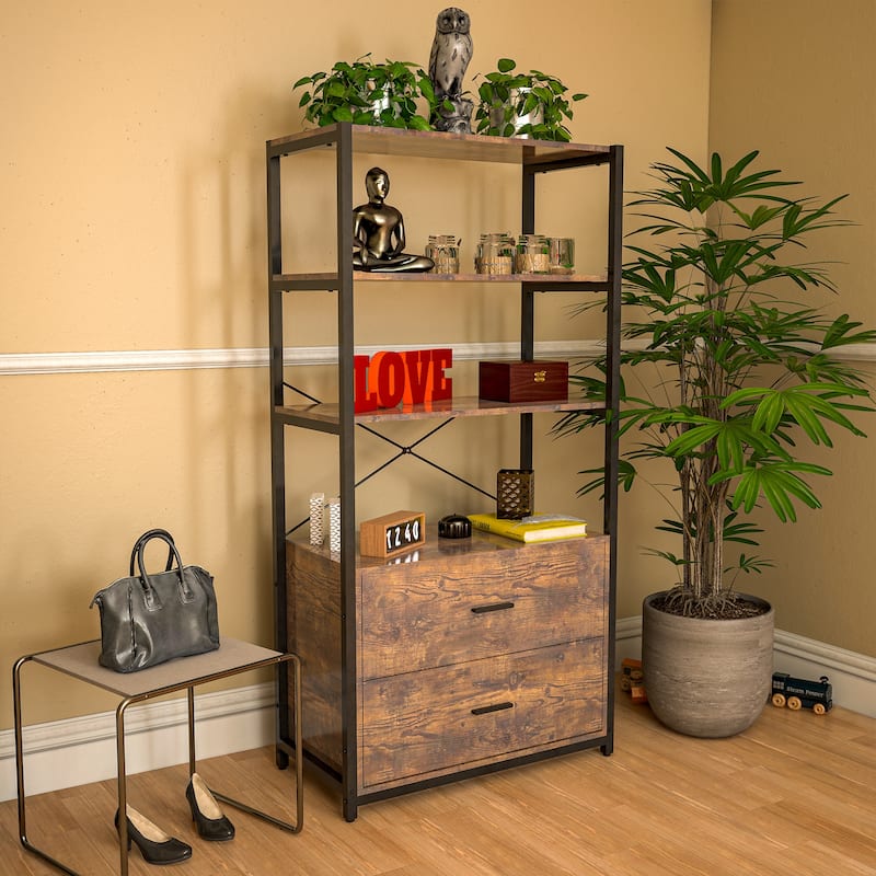 Industrial Bookcase with File Cabinet Drawers, 62.7 in Tall Bookshelf 4 Tier, Freestanding Storage Home Office Cabinet