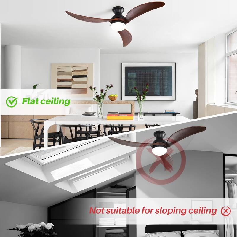 52" Low Profile Smart Ceiling Fan with LED Light, Remote or Phone APP Control,Black with Walnut Blades