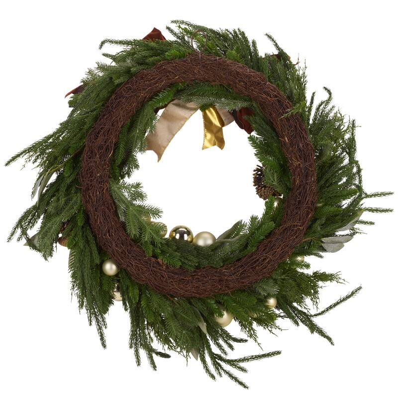 SAFAVIEH Home Faux 34-inch Pine Needle Wreath With Ornaments And Ribbon & Pine Cone