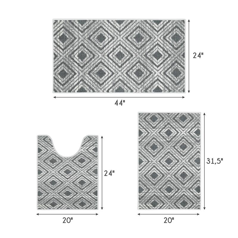 Geometric Design 3 Piece Bathroom Rugs Set - Non-Slip Ultra Thin Bath Rugs for Bathroom Floor - Washable Bathroom Mats Set