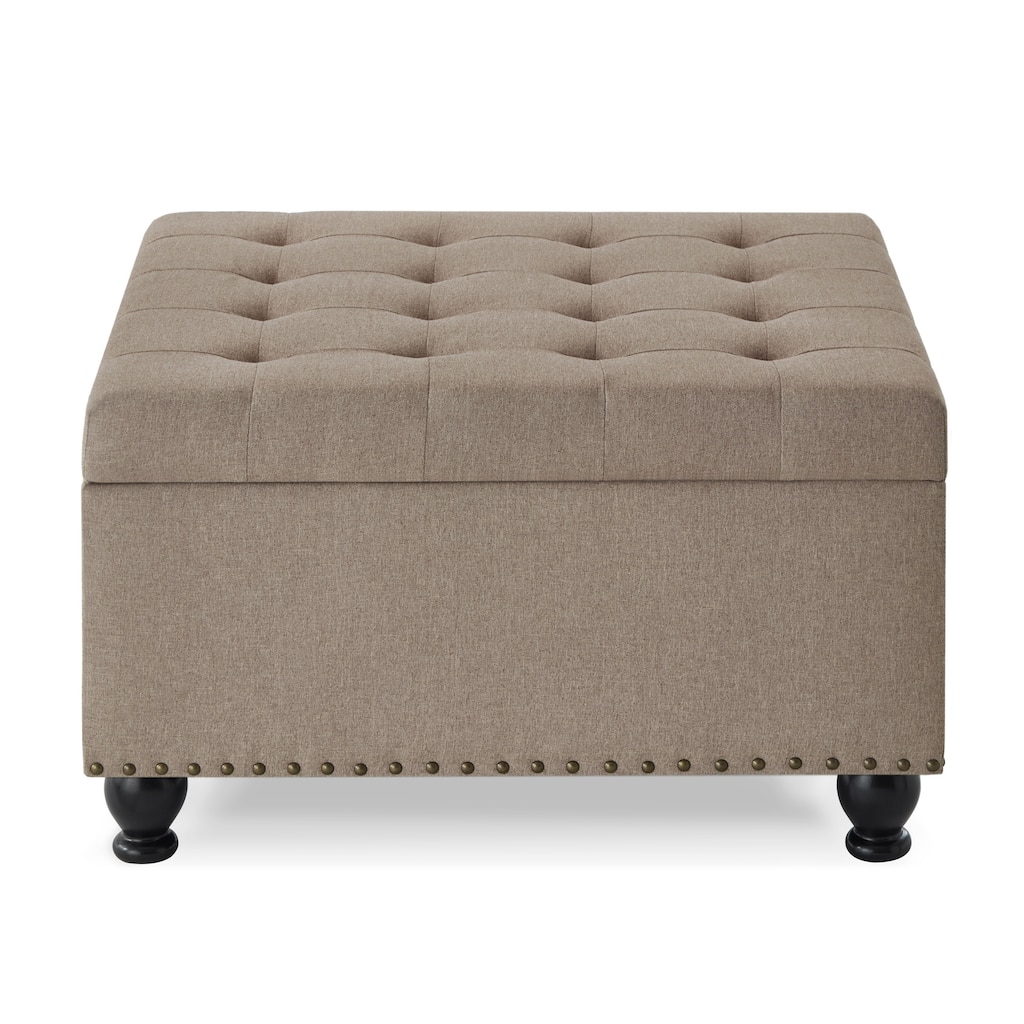 Linen Square Storage Ottoman with Wooden Legs: Classic Comfort