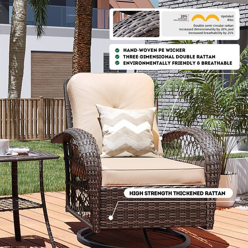 Patio Watcher 6-Piece Brown Wicker 360-Degree Patio Conversation Outdoor Rocking Chair Set with Cushions