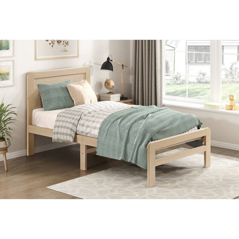Contemporary Natural Finish Twin Size Wooden Platform Bed Frame with Headboard