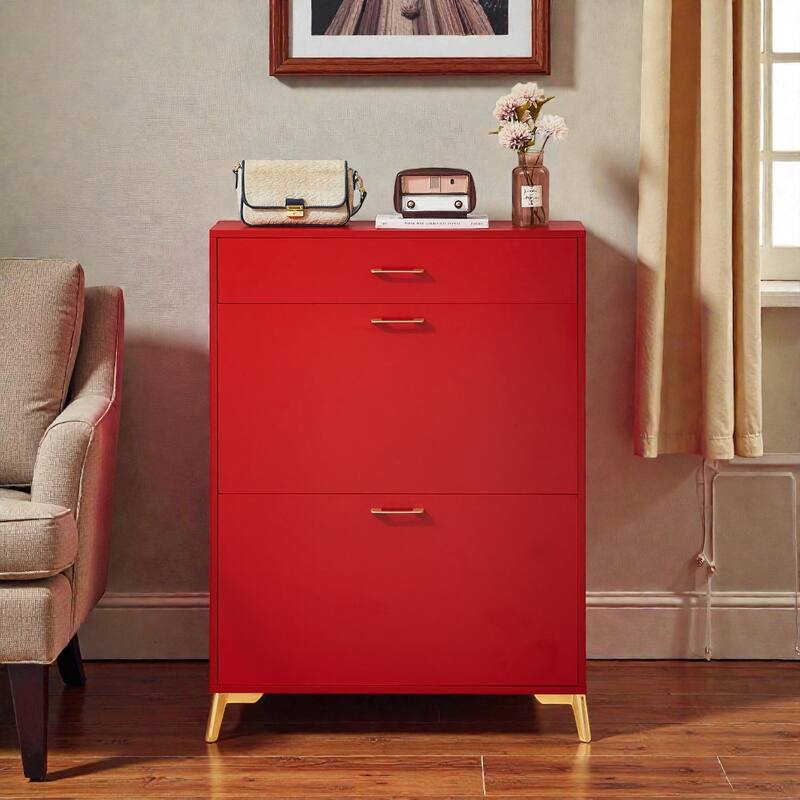 Shoe Storage Cabinet with 2 Flip Drawers, Freestanding Hidden Shoe Organizer with Metal Legs for Entryway - Red