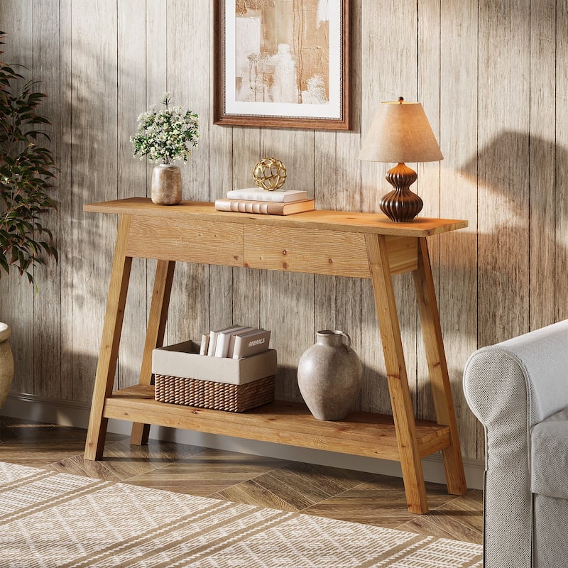 2-Tier Solid Wood Entryway Table with 2 Drawers