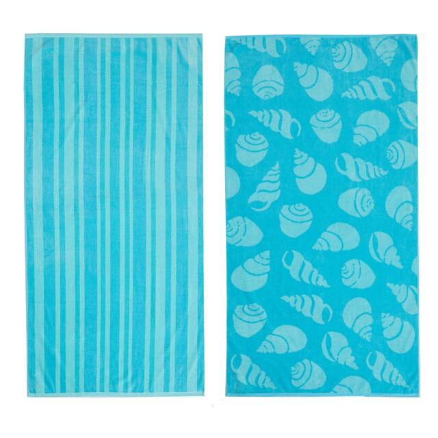 Luxurious Cotton Printed Beach Towel - Aqua Shell & Stripes