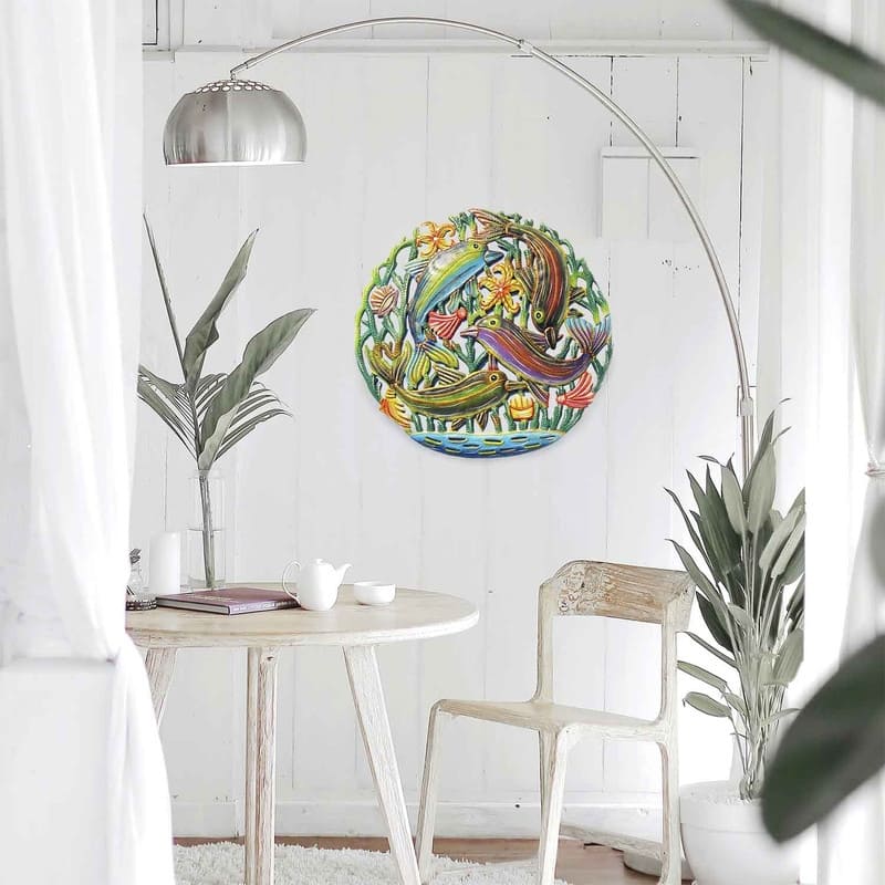 Handmade Coastal Nature Painted Playful Dolphins Recycled Steel Wall Art