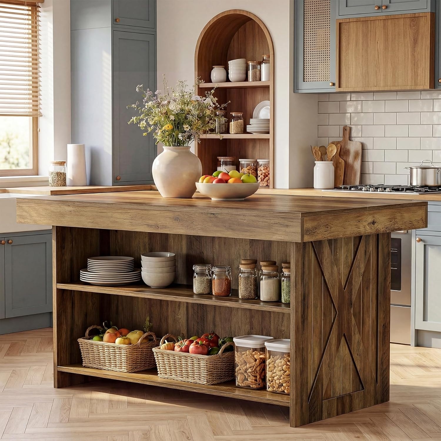 Kitchen Island with Storage Shelves, 55 Inch Farmhouse Island Table