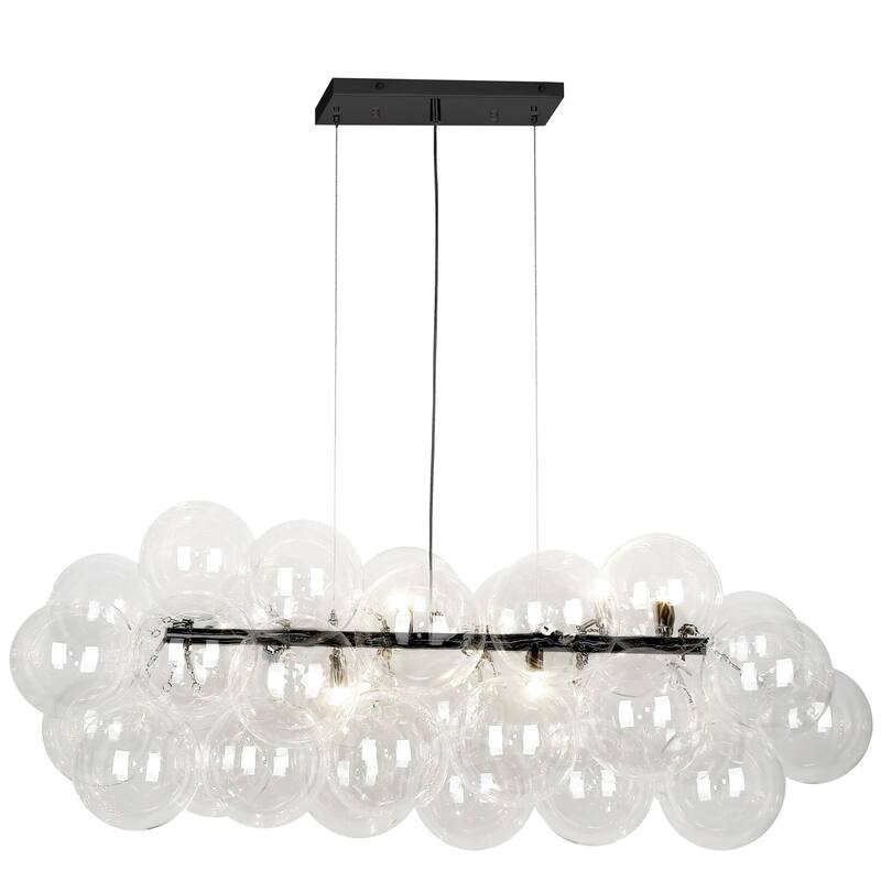 10 Light Horizontal Pendant with Clear Glass Globes and Black Metal Frame for Contemporary Dining Room Lighting - 42