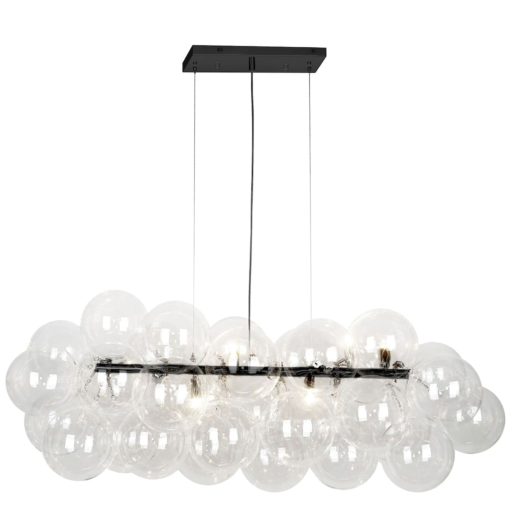 10 Light Horizontal Pendant with Clear Glass Globes and Black Metal Frame for Contemporary Dining Room Lighting - 42
