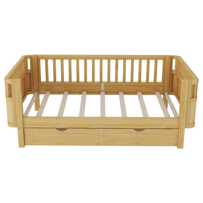Twin Size Wood Platform Bed for Kids, Wood Low Profile Twin Bed with Rails for Girls and Boys