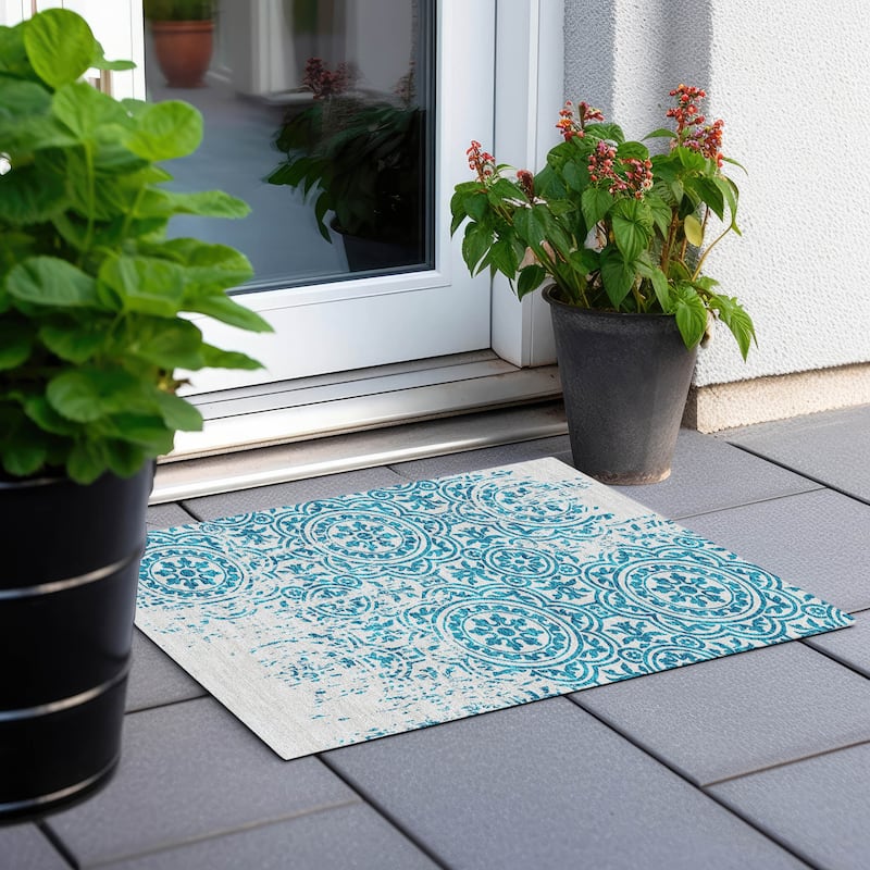 Machine Washable Indoor/ Outdoor Chantille Suzani Vintage Rug - Teal - 1'8" x 2'6"