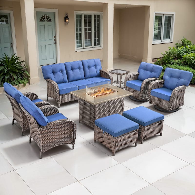 TWrap Wicker Patio Fire Pit Conversation Set with 3-Seat Sofa & Swivel Gliders & Armchairs