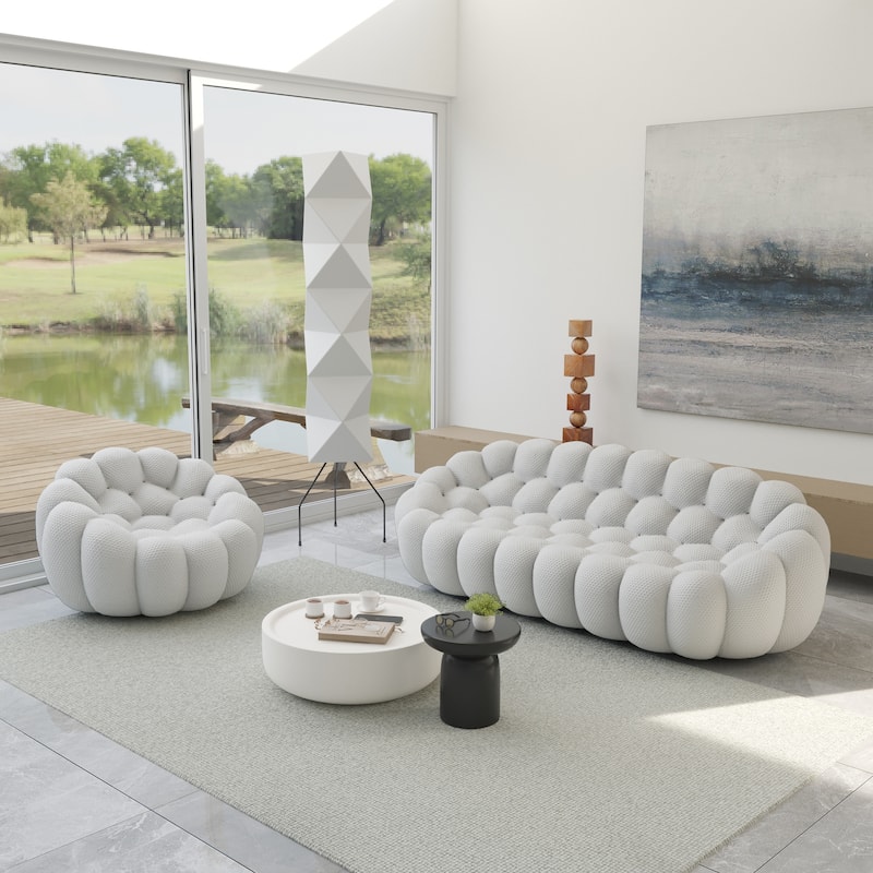 2PCS 3D Honeycomb Fabric Upholstered Bubble Sofa, 3 Seater Bubble Couch and Single Sofa for Living Room - Light Grey