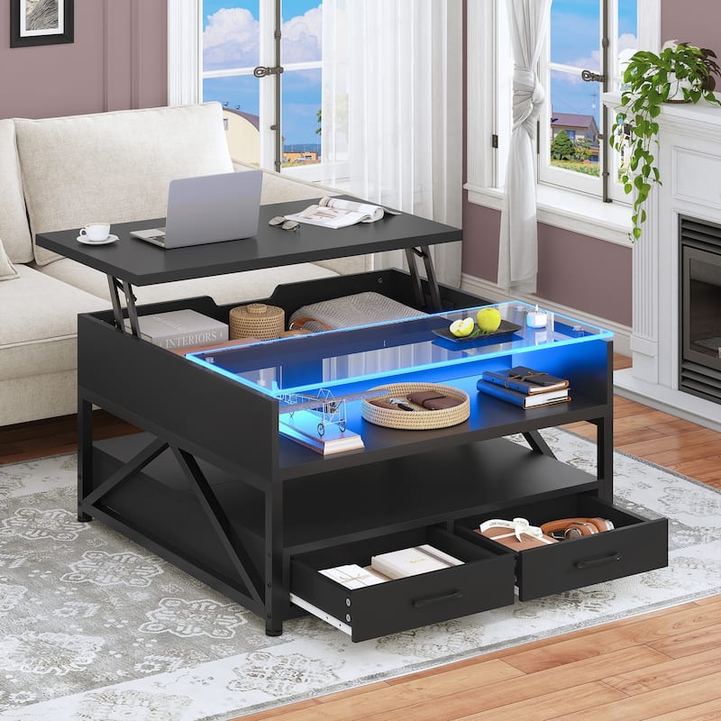 Coffee Table Lift Top 2 Drawers Hidden Compartment for Living Room