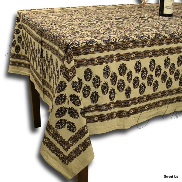 Hand Block Print Cotton Floral Tablecloth Round, Rectangle, Square Beige Gold Blue Red. Opens flyout.