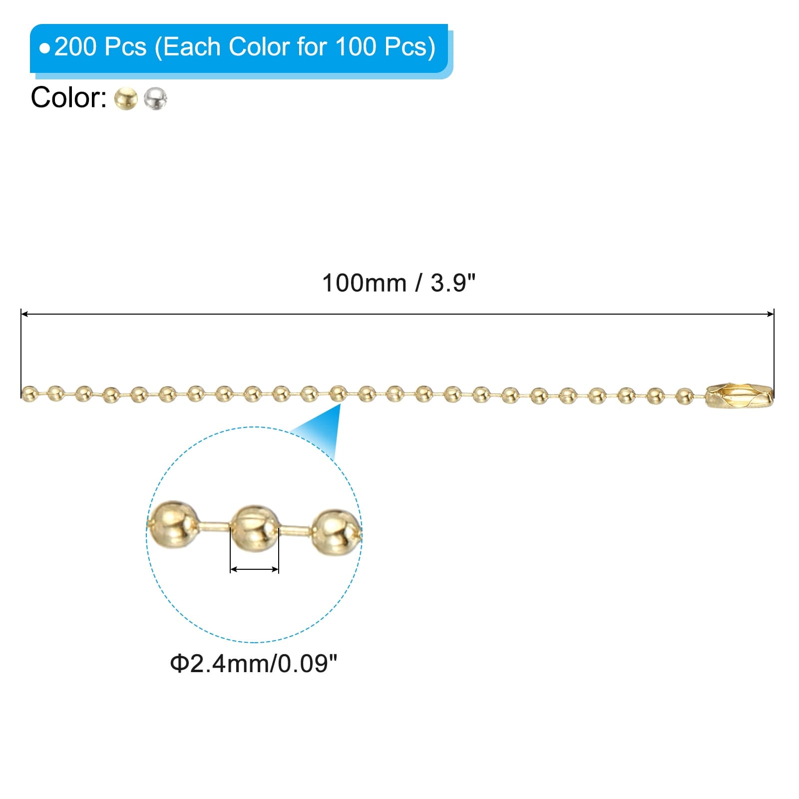 Ball Beads Chain, Bead Link Extension Pull Chain with Connectors for Tag Keychain Rings DIY Crafts