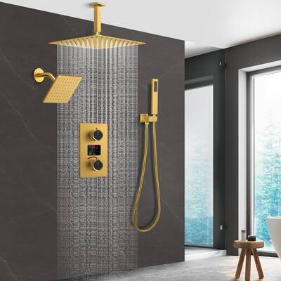 Dual Heads 12" Rainfall & High Pressure 6" Digital Display Shower System w/ 3 Way Thermostatic Faucet