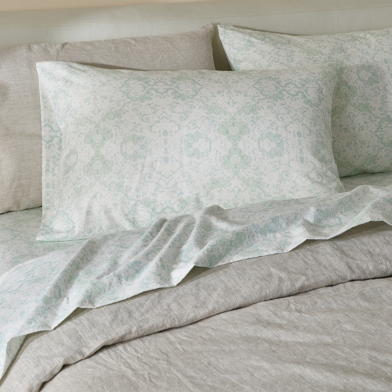 Patina Vie Maison 100% Turkish Cotton Flannel Vintage-Inspired Floral Sheet Set - Floral - Aqua - Queen