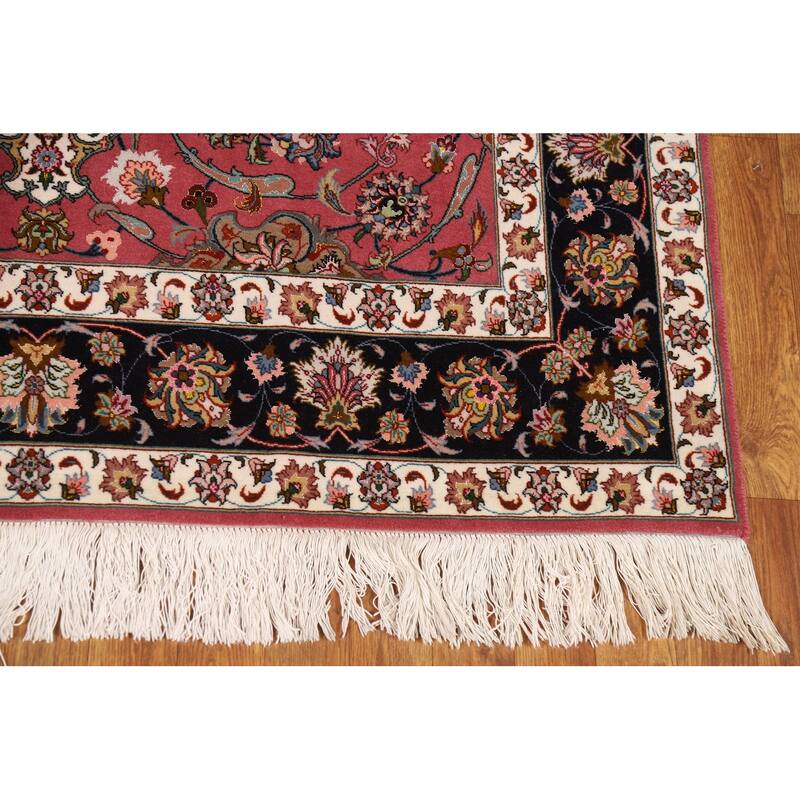 Floral Pink Tabriz Persian Rug Handmade Wool & Silk Carpet - 4'1"x 7'0"