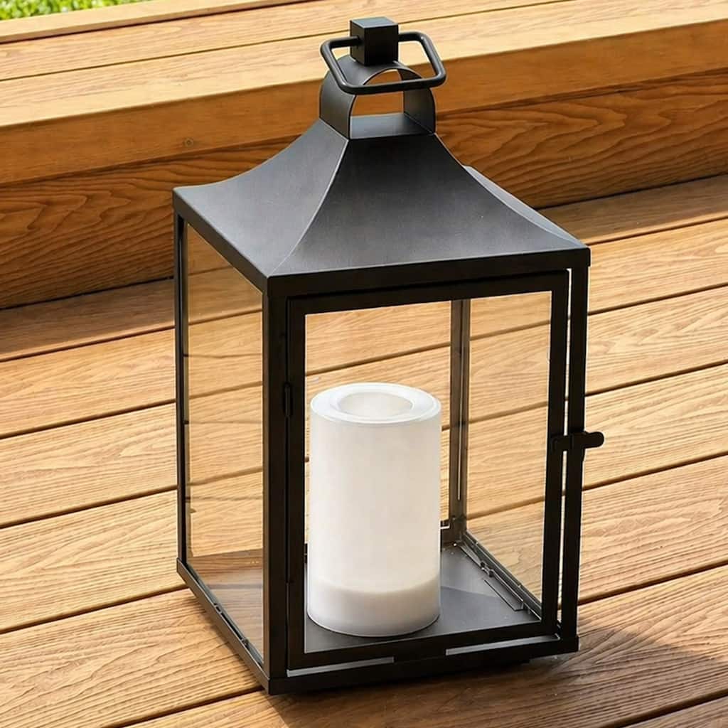 H14'' Classic Farmhouse Outdoor Solar Lantern with Flickering LED Candle Black Metal Lantern with Tempered Glass for Patio Porch